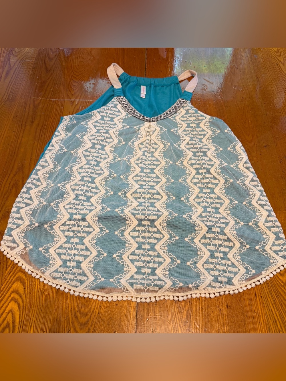 Xhilaration Teal Lace Overlay Halter Top size L